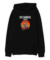 Istanbul Vintage Sunset Turkey Retro Tramvay Galata Baskılı Siyah Oversize Unisex Kapüşonlu Sweatshirt - Tisho
