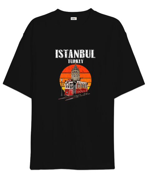 Tisho - Istanbul Vintage Sunset Turkey Retro Tramvay Galata Baskılı Siyah Oversize Unisex Tişört