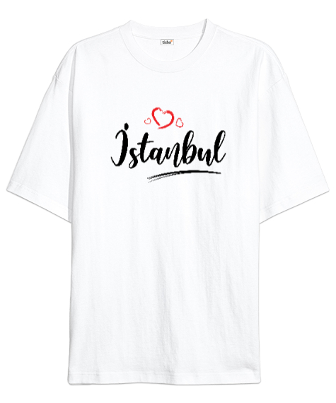 İstanbulu Seviyorum - İstanbul ve Kalpler Beyaz Oversize Unisex Tişört - Tisho
