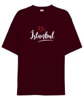 İstanbulu Seviyorum - İstanbul ve Kalpler Bordo Oversize Unisex Tişört - Tisho