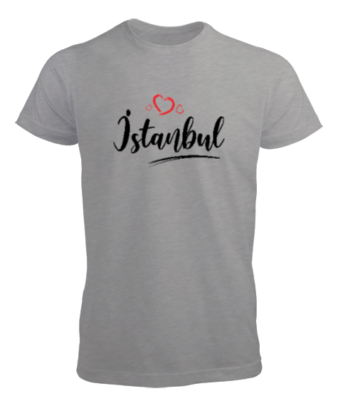 İstanbulu Seviyorum - İstanbul ve Kalpler Gri Erkek Tişört - Tisho