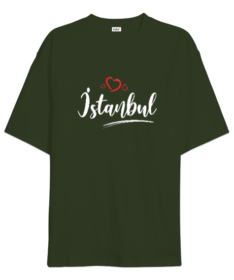 İstanbulu Seviyorum - İstanbul ve Kalpler Haki Yeşili Oversize Unisex Tişört - Tisho