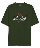 İstanbulu Seviyorum - İstanbul ve Kalpler Haki Yeşili Oversize Unisex Tişört - Tisho