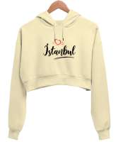 İstanbulu Seviyorum - İstanbul ve Kalpler Krem Kadın Crop Hoodie Kapüşonlu Sweatshirt - Tisho