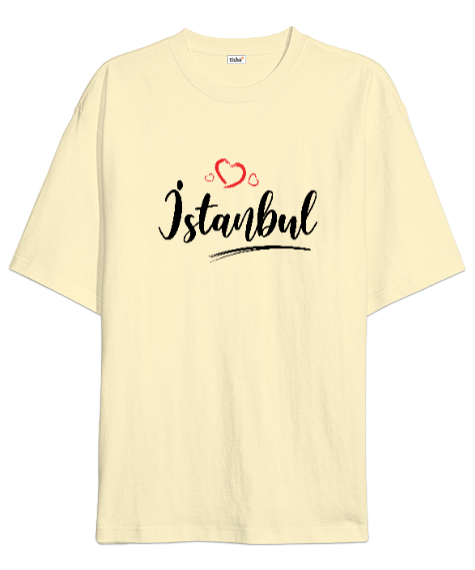 İstanbulu Seviyorum - İstanbul ve Kalpler Krem Oversize Unisex Tişört - Tisho