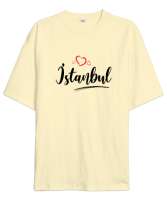 İstanbulu Seviyorum - İstanbul ve Kalpler Krem Oversize Unisex Tişört - Tisho