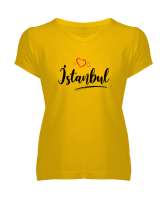 İstanbulu Seviyorum - İstanbul ve Kalpler Sarı Kadın V Yaka Tişört - Tisho
