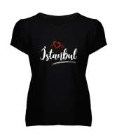 İstanbulu Seviyorum - İstanbul ve Kalpler Siyah Kadın V Yaka Tişört - Tisho