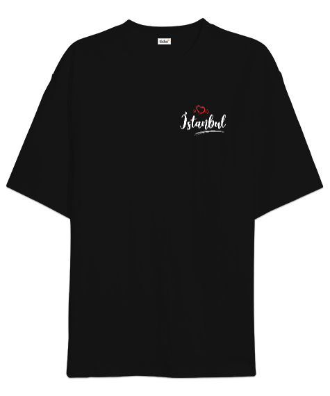 İstanbulu Seviyorum - İstanbul ve Kalpler Siyah Oversize Unisex Tişört - Tisho