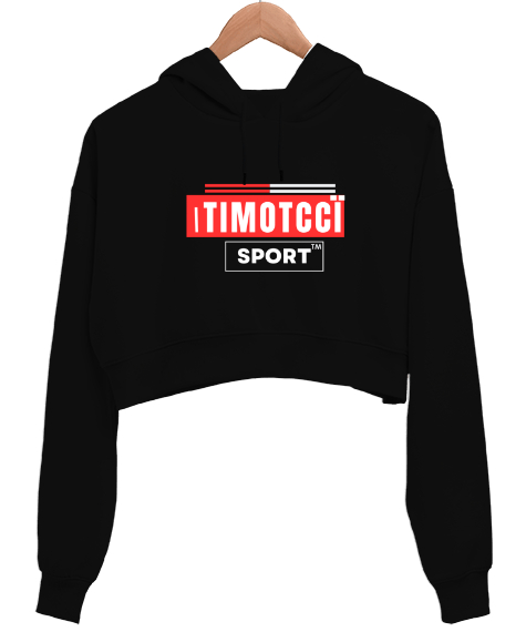 Tisho - Itımotcci Koşu Baskılı Siyah Kadın Crop Hoodie Kapüşonlu Sweatshirt