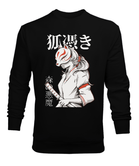 Tisho - Jaoanese Kitsune Cat Tasarım Siyah Erkek Sweatshirt