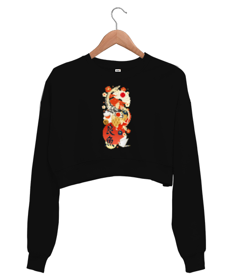 Tisho - Japanase Culture Koi Fish - Japon Kültürü Siyah Kadın Crop Sweatshirt