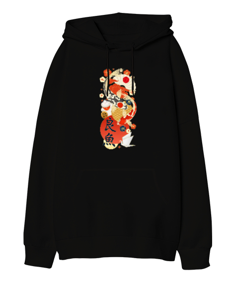 Tisho - Japanase Culture Koi Fish - Japon Kültürü Siyah Oversize Unisex Kapüşonlu Sweatshirt
