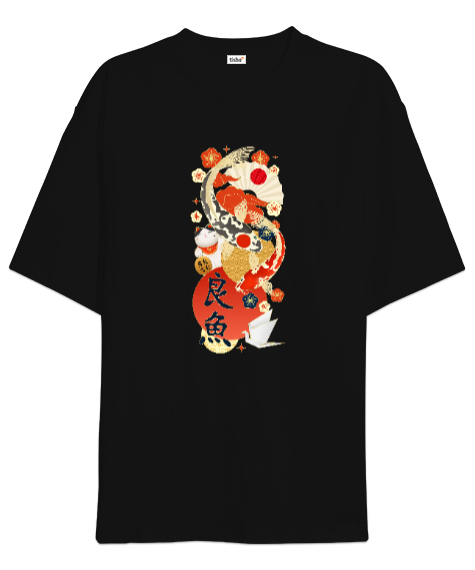 Tisho - Japanase Culture Koi Fish - Japon Kültürü Siyah Oversize Unisex Tişört