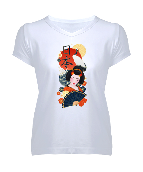 Tisho - Japanase - Japon Kültürü Beyaz Kadın V Yaka Tişört