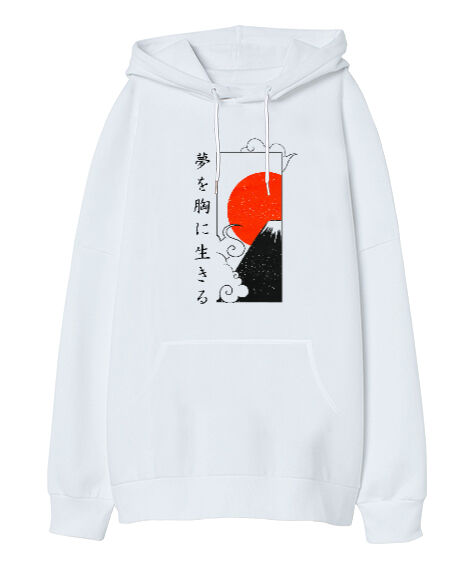 Tisho - Japanase - Japon Kültürü- Beyaz Oversize Unisex Kapüşonlu Sweatshirt