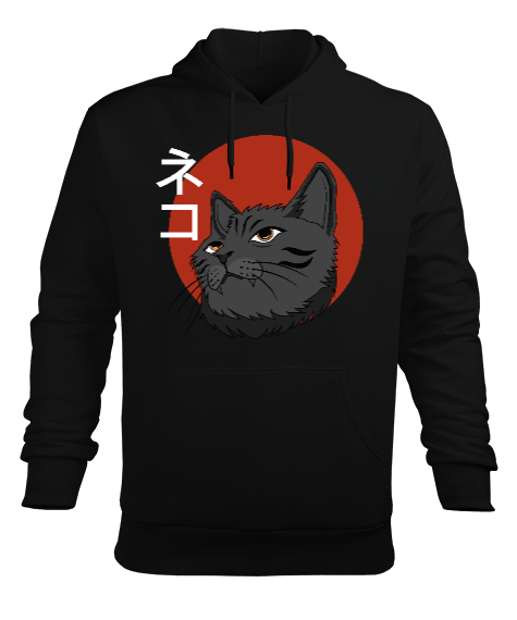 Tisho - Japanese Cat Siyah Erkek Kapüşonlu Hoodie Sweatshirt