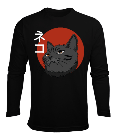 Tisho - Japanese Cat Siyah Erkek Uzun Kol Yazlık Tişört