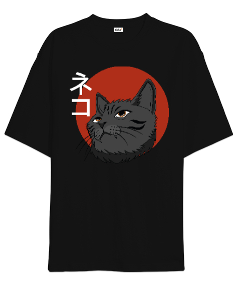 Tisho - Japanese Cat Siyah Oversize Unisex Tişört