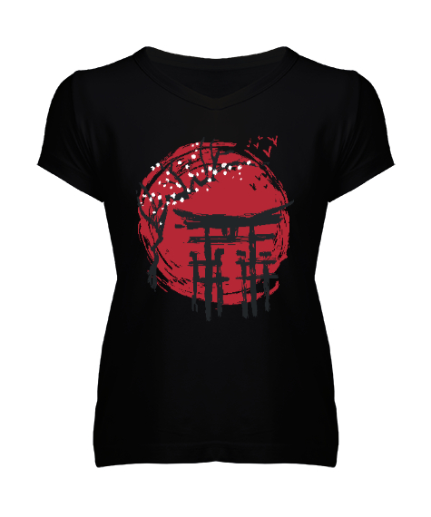 Tisho - Japanese Red Sun Temple Siyah Kadın V Yaka Tişört