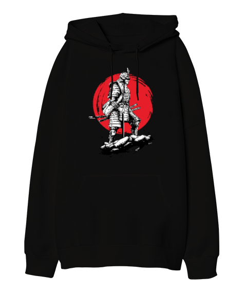Tisho - Japanese Samurai Siyah Oversize Unisex Kapüşonlu Sweatshirt