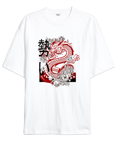Tisho - Japon Ejderha Özel Anime Tasarım Beyaz Oversize Unisex Tişört