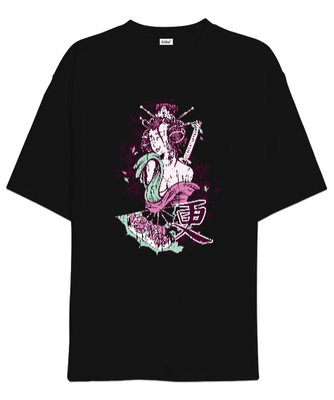 Tisho - Japon Geyşa Tasarım Baskılı Siyah Oversize Unisex Tişört