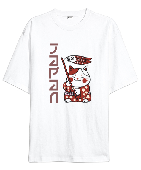 Tisho - Japon Kedi - Japanase Cat Beyaz Oversize Unisex Tişört