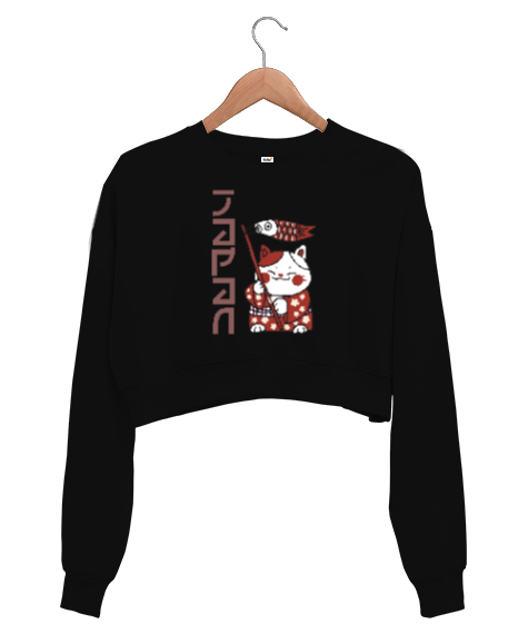 Tisho - Japon Kedi - Japanase Cat Siyah Kadın Crop Sweatshirt