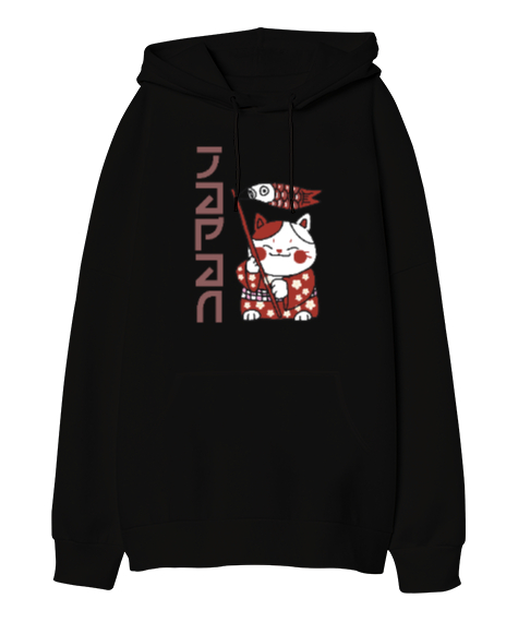 Tisho - Japon Kedi - Japanase Cat Siyah Oversize Unisex Kapüşonlu Sweatshirt