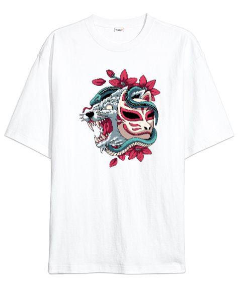 Tisho - Japon Kültürü - Kurt - Maske - Japan Beyaz Oversize Unisex Tişört