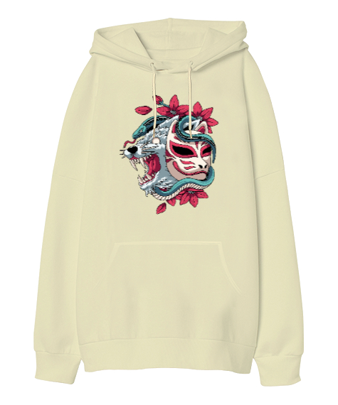Tisho - Japon Kültürü - Kurt - Maske - Japan Krem Oversize Unisex Kapüşonlu Sweatshirt