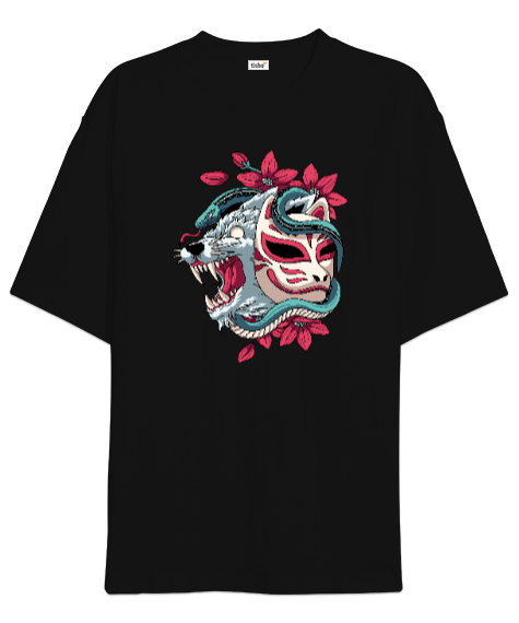 Tisho - Japon Kültürü - Kurt - Maske - Japan Siyah Oversize Unisex Tişört