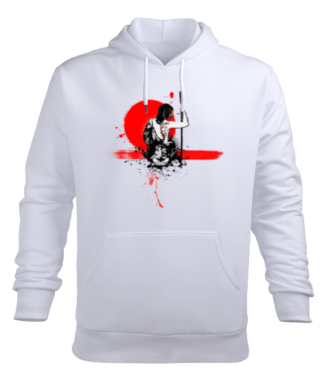 Tisho - Japon Samuray Tasarım Baskılı Beyaz Erkek Kapüşonlu Hoodie Sweatshirt