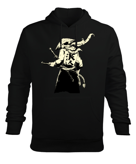 Tisho - Japon Samuray Tasarım Baskılı Siyah Erkek Kapüşonlu Hoodie Sweatshirt