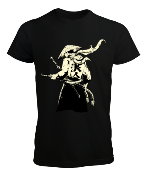 Tisho - Japon Samuray Tasarım Baskılı Siyah Erkek Tişört