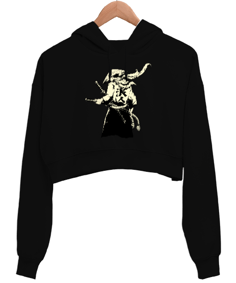 Tisho - Japon Samuray Tasarım Baskılı Siyah Kadın Crop Hoodie Kapüşonlu Sweatshirt