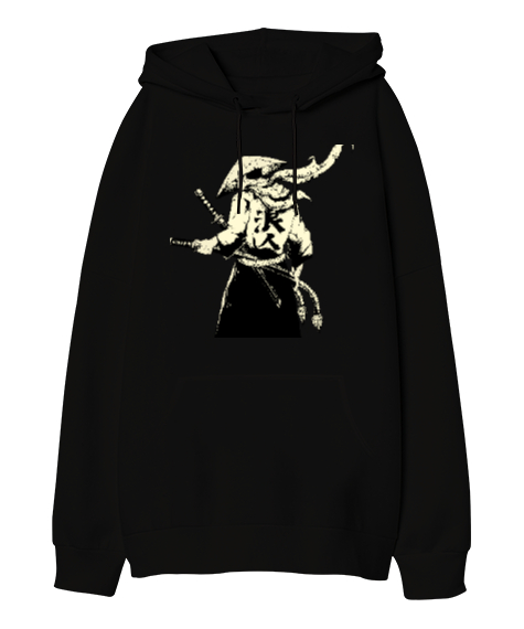 Tisho - Japon Samuray Tasarım Baskılı Siyah Oversize Unisex Kapüşonlu Sweatshirt