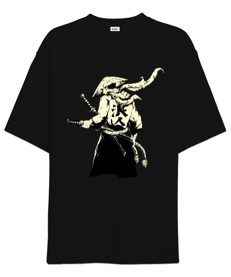 Tisho - Japon Samuray Tasarım Baskılı Siyah Oversize Unisex Tişört