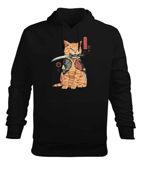 Tisho - Japon Yakuza Kedi Tasarım Baskılı Erkek Kapüşonlu Hoodie Sweatshirt