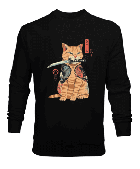 Japon Yakuza Kedi Tasarım Baskılı Erkek Sweatshirt