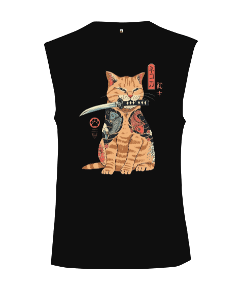 Tisho - Japon Yakuza Kedi Tasarım Baskılı Kesik Kol Unisex Tişört