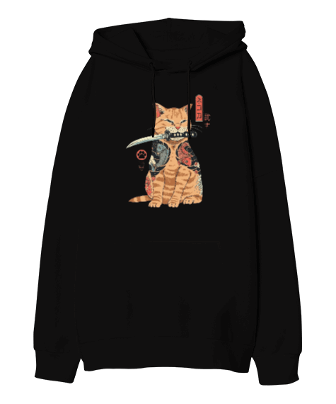 Tisho - Japon Yakuza Kedi Tasarım Baskılı Oversize Unisex Kapüşonlu Sweatshirt