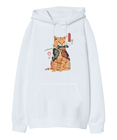 Tisho - Japon Yakuza Kedi Tasarım Baskılı Oversize Unisex Kapüşonlu Sweatshirt