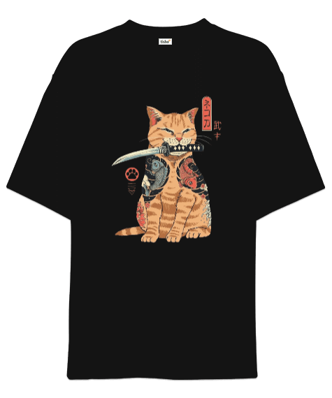 Japon Yakuza Kedi Tasarım Baskılı Oversize Unisex Tişört