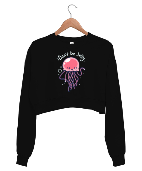 Tisho - Jellyfish - Sevimli Denizanası Siyah Kadın Crop Sweatshirt