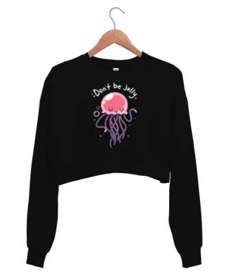 Jellyfish - Sevimli Denizanası Siyah Kadın Crop Sweatshirt - Tisho
