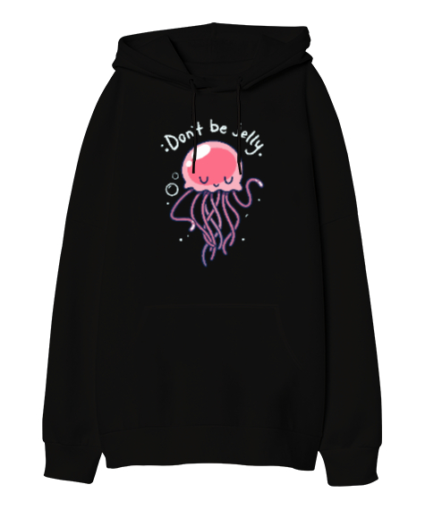 Tisho - Jellyfish - Sevimli Denizanası Siyah Oversize Unisex Kapüşonlu Sweatshirt