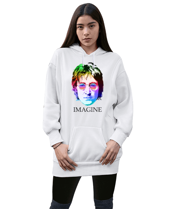 Tisho - John Lennon - Imagine - OneArtTasarım Kadın Uzun Hoodie Kapüşonlu Sweatshirt