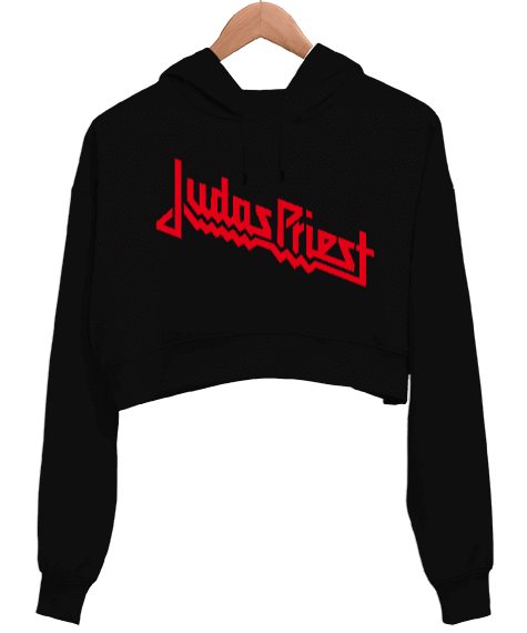 Tisho - Judas Priest Tasarımı Baskılı Siyah Kadın Crop Hoodie Kapüşonlu Sweatshirt